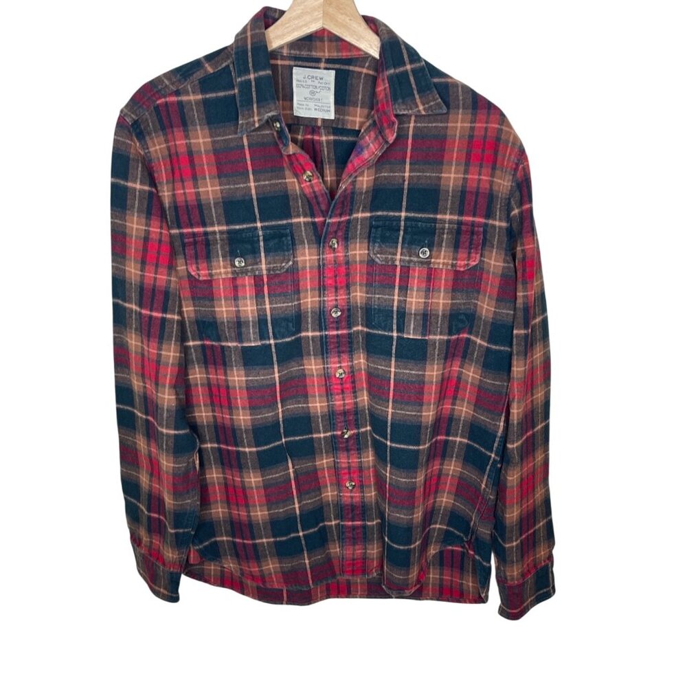 J.Crew Mens Plaid Workshirt Size M 100% Cotton Red Green Flannel Button-Up Shirt
